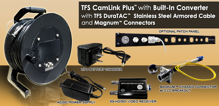 300 Meter TFS  CamLink Plus  All-in-1 Fiber Transmission System with Built-in 3G-HD/SD-SDI Transmitter, 3G-HD/SD-SDI Receiver, AC/DC Power Supply and Lithium-Ion Battery. With TFS 2 Fiber DuraTAC&reg;  Stainless Steel Armored Cable
